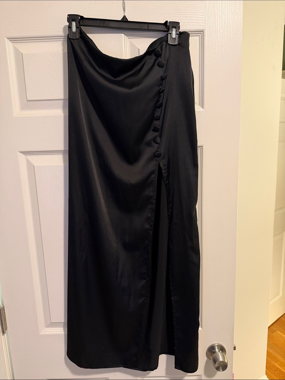 Black Satin Button-Detail Maxi Skirt